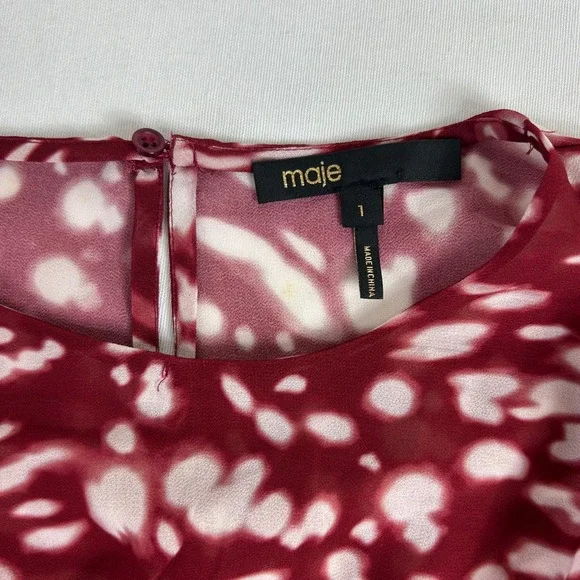 MAJE RIVOLE DRESS Burgundy Red White Print Long Sleeve Midi Dress Size 1 - Picture 4 of 10